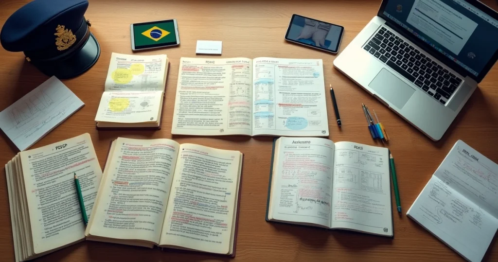 Comparação visual entre estudo para concurso da PCSC e PMSC em mesa de estudos