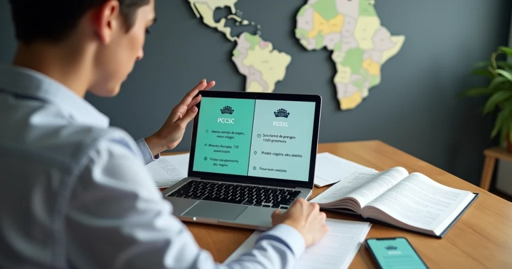 Tabela comparando concursos PCSC e PCPR com candidato estudando em frente ao notebook