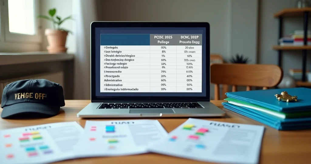 Tabela comparando concursos da PCSC e PCPR com candidato estudando em frente ao notebook