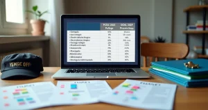 Tabela comparando concursos da PCSC e PCPR com candidato estudando em frente ao notebook