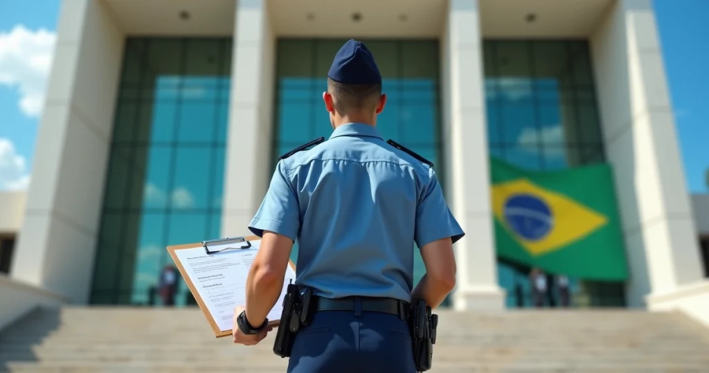 Policial olhando edital de concurso em frente a prédio público