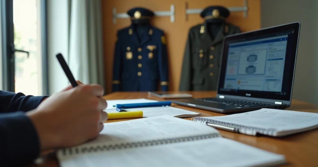 Candidato estudando para concursos da PMPE e PCPE com uniforme policial ao fundo