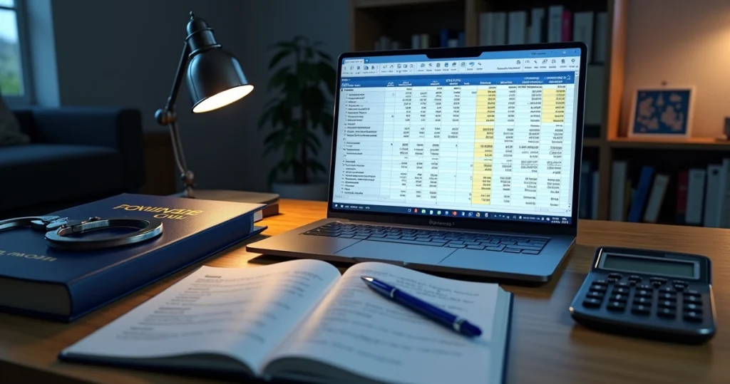Mesa de estudos com balanço contábil em tela de notebook e distintivo de polícia ao lado