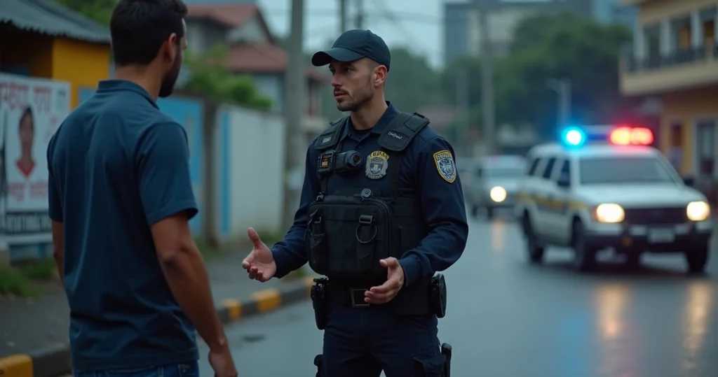 Policial em abordagem urbana seguindo protocolos de direitos humanos