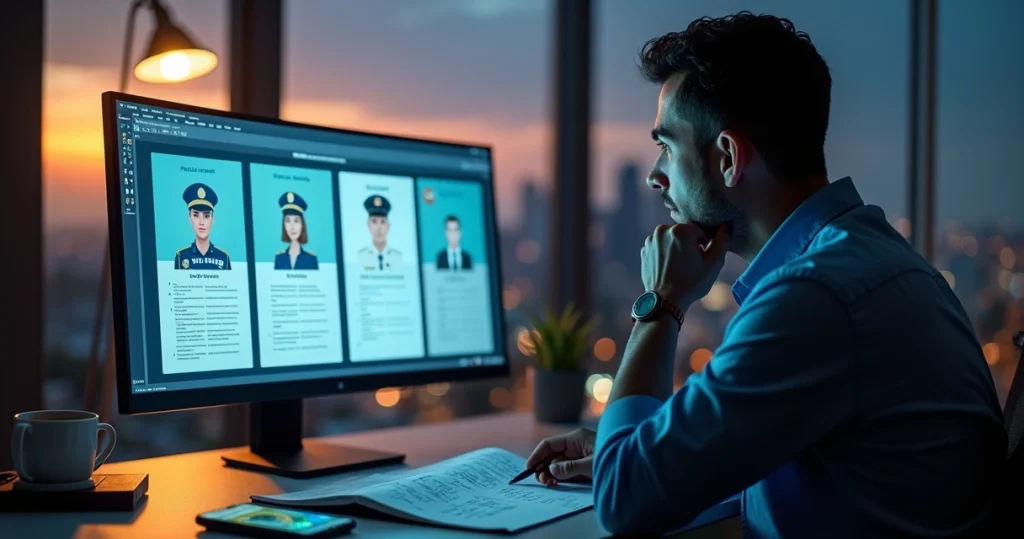 Candidato analisando diferentes concursos policiais em tela de computador