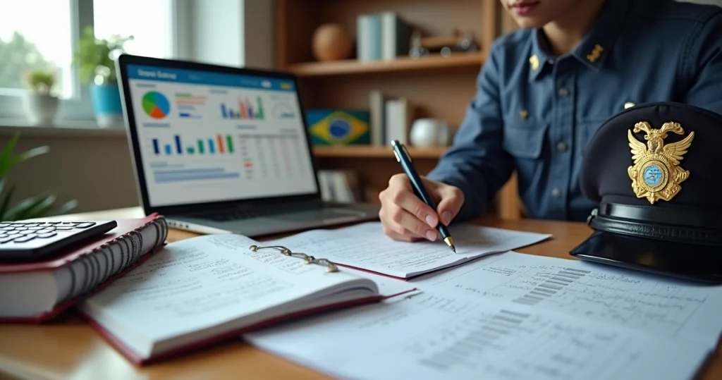 Jovem estudando contabilidade geral com farda policial ao lado do notebook