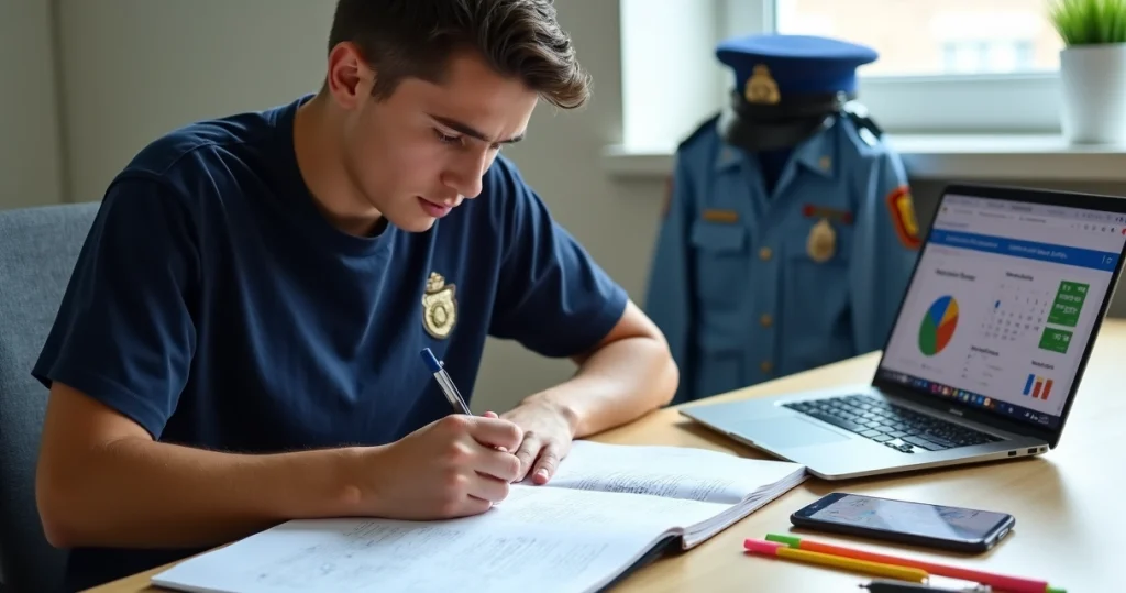 Candidato policial estudando para concurso da PMCE com uniforme e materiais de prova