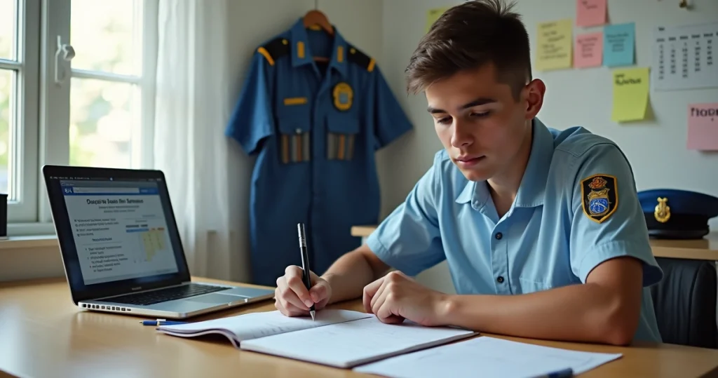 Candidato estudando para concurso da Polícia Militar de Santa Catarina com farda da PMSC ao fundo