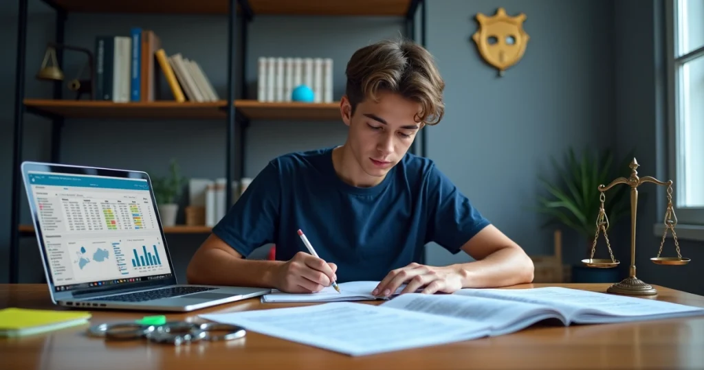 Candidato estudando direitos humanos para concursos policiais com símbolos da lei e segurança pública ao fundo