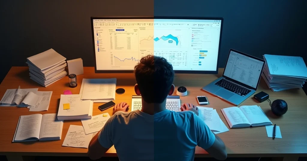 Mesa dividida mostrando estudo autodidata bagunçado e estudo com metodologia estruturada organizado