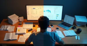 Mesa dividida mostrando estudo autodidata bagunçado e estudo com metodologia estruturada organizado