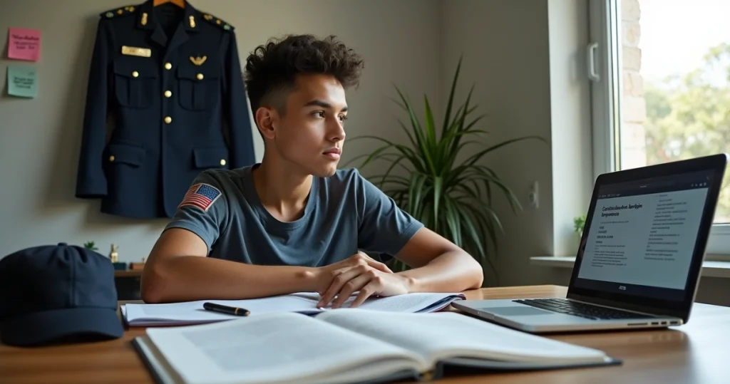 Jovem estudando para concurso de soldado da PMSC com uniforme policial ao fundo