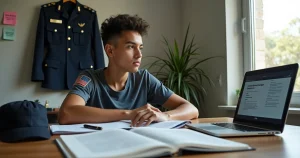 Jovem estudando para concurso de soldado da PMSC com uniforme policial ao fundo