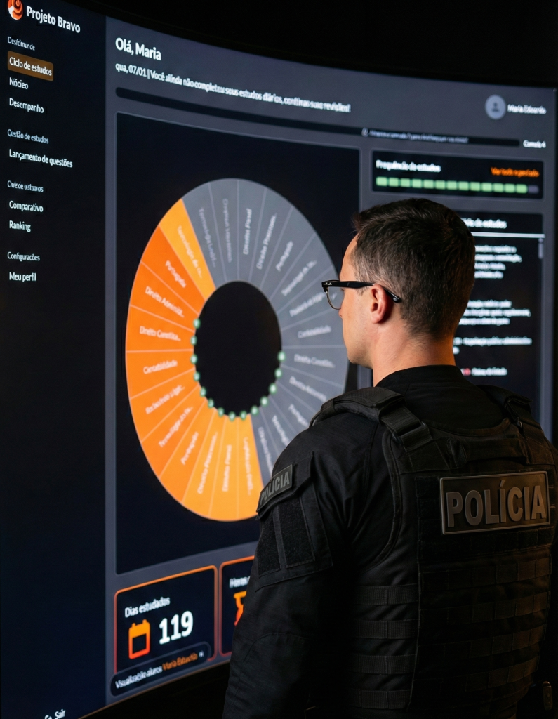 Candidato estudando para concurso da Polícia Civil do Mato Grosso com viatura ao fundo