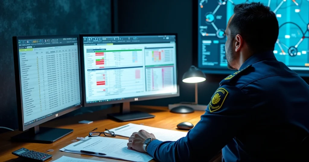 Investigador analisando documentos contábeis e gráficos financeiros em escritório policial