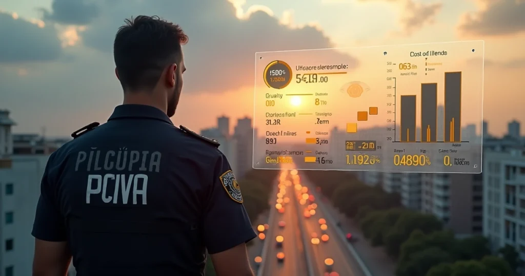 Policial civil do Paraná de uniforme analisando salário e custo de vida em frente a vista urbana