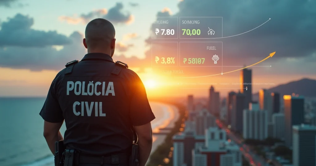 Policial civil em Santa Catarina olhando a cidade com gráficos de dinheiro ao fundo