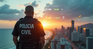 Policial civil em Santa Catarina olhando a cidade com gráficos de dinheiro ao fundo