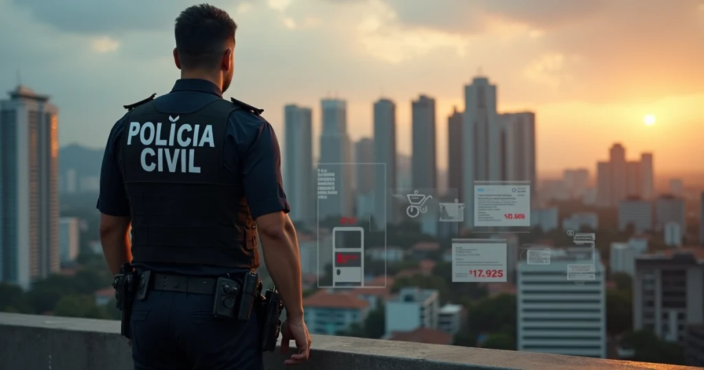 Policial civil em São Paulo olhando a cidade com ícones de dinheiro e contas ao redor