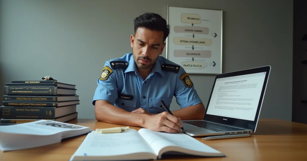 Policial fardado estudando direitos humanos com edital e materiais organizados