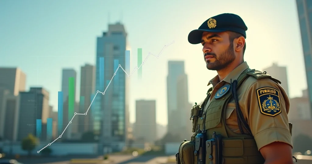Policial militar de Minas Gerais em destaque com gráficos de salário ao fundo