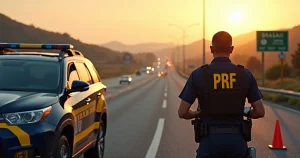 Viatura da PRF em rodovia com cones e policial ao lado