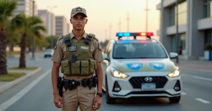 Soldado da PMSC fardado em frente a viatura moderna em Florianópolis