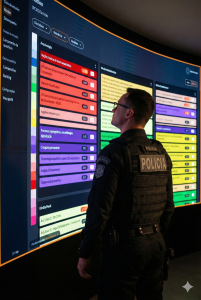 Candidato a concurso policial revisando conteúdo em mural cheio de anotações coloridas