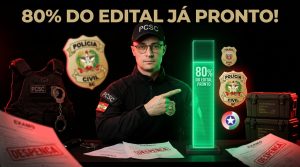 Mapa mental colorido conectando estudos da PCSC com provas da PCPR e PMSC sobre mesa de estudo minimalista