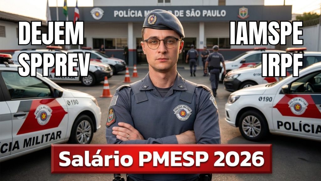 Soldado da PM de São Paulo olhando para gráfico de aumento salarial em ambiente urbano