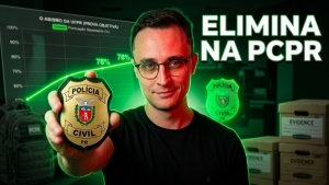 Mesa escura com gráficos coloridos da prova da PCPR e distintivo policial ao lado