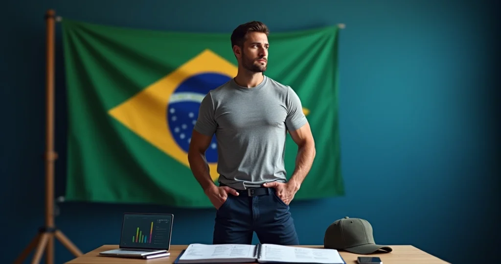 Jovem candidato em ensaio de fardamento da PMES com bandeira do Espírito Santo ao fundo