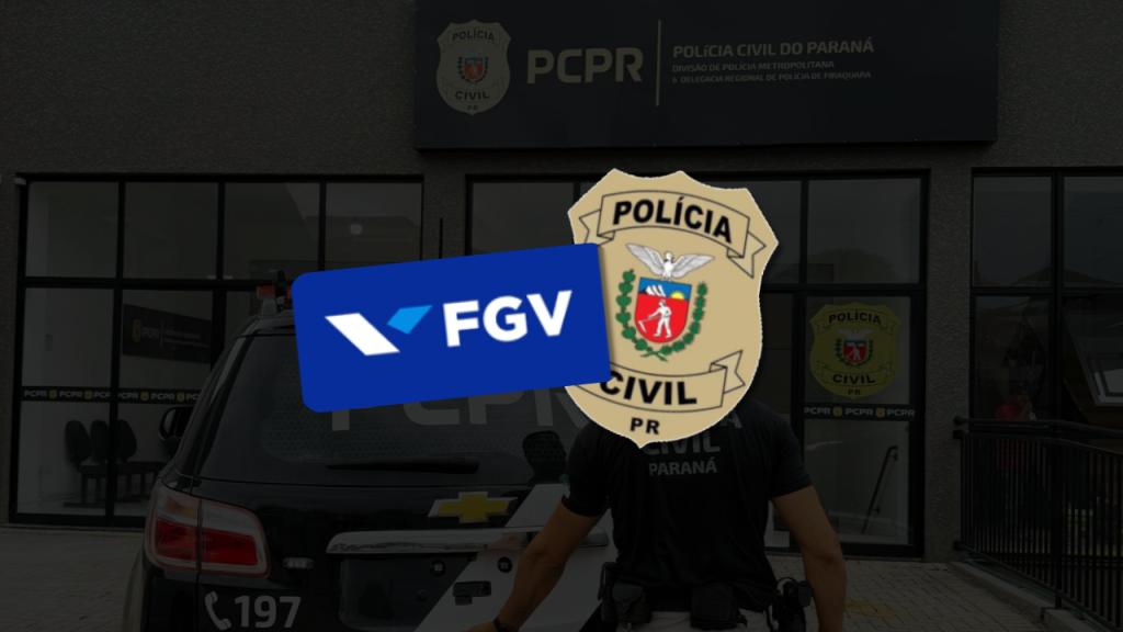 Candidatos observam prédio da FGV em Curitiba com símbolo da Polícia Civil do Paraná