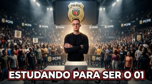 Aspirante da Polícia Civil estuda com painel de estratégias na parede ao fundo