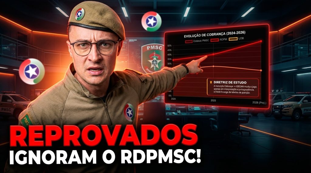 Concurseiro estuda lei da PMSC destacando prazos e punições em mesa de estudos