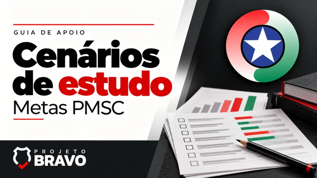 Capa cenários de estudo, com gráfico abstrato sem percentuais, fichas de desempenho e lápis, símbolo da PMSC e marca Projeto Bravo.