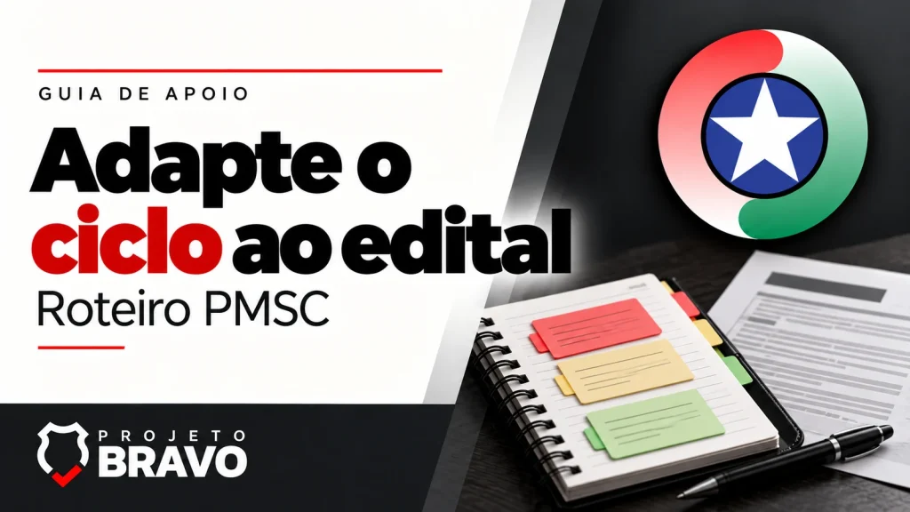 Capa adapte o ciclo ao edital, com agenda com cartões móveis e documento de referência sem datas, símbolo da PMSC e marca Projeto Bravo.