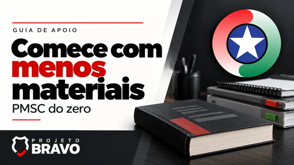 Capa comece com menos materiais, com um livro escolhido e arquivos organizados ao fundo, símbolo da PMSC e marca Projeto Bravo.