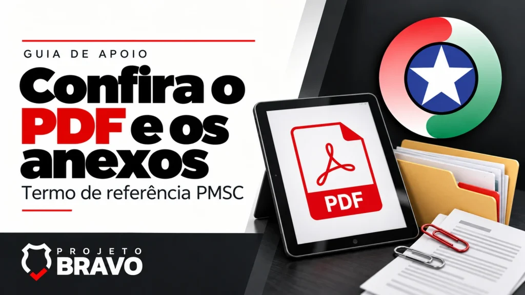 Capa confira o pdf e os anexos, com tablet exibindo símbolo PDF, pasta de anexos e clips, símbolo da PMSC e marca Projeto Bravo.