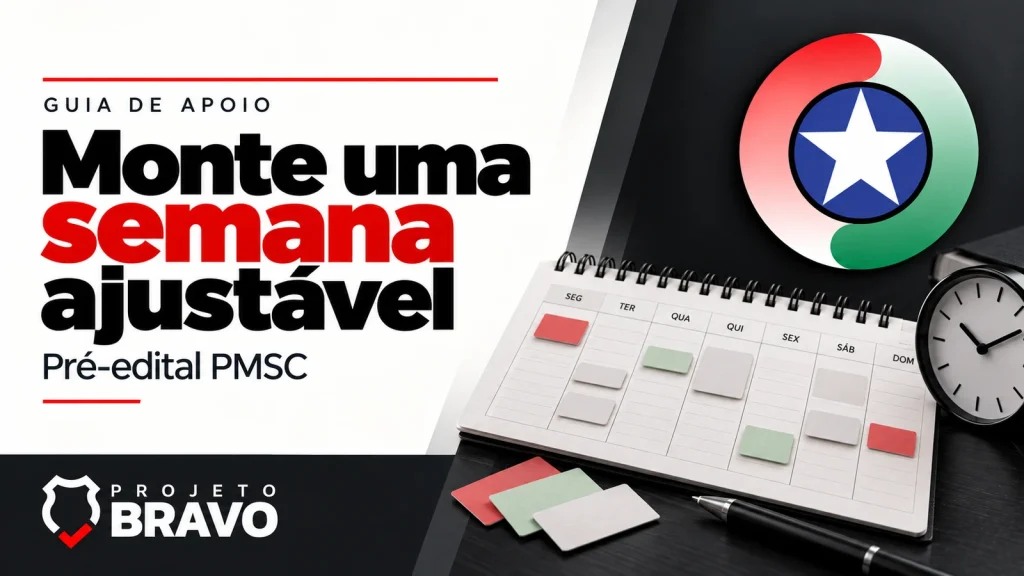 Capa monte uma semana ajustável, com planejador semanal sem datas com cartões removíveis e relógio, símbolo da PMSC e marca Projeto Bravo.