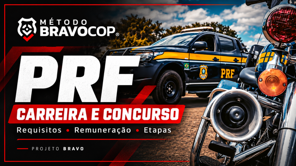 Capa PRF Carreira e Concurso, com marca BravoCop, viatura e motocicleta da PRF, sobre requisitos, remuneração e etapas.