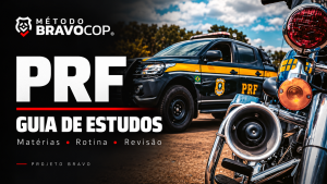 Capa do guia de estudos PRF do Projeto Bravo, com identidade BravoCop e composição baseada em foto de viatura e motocicleta da PRF.