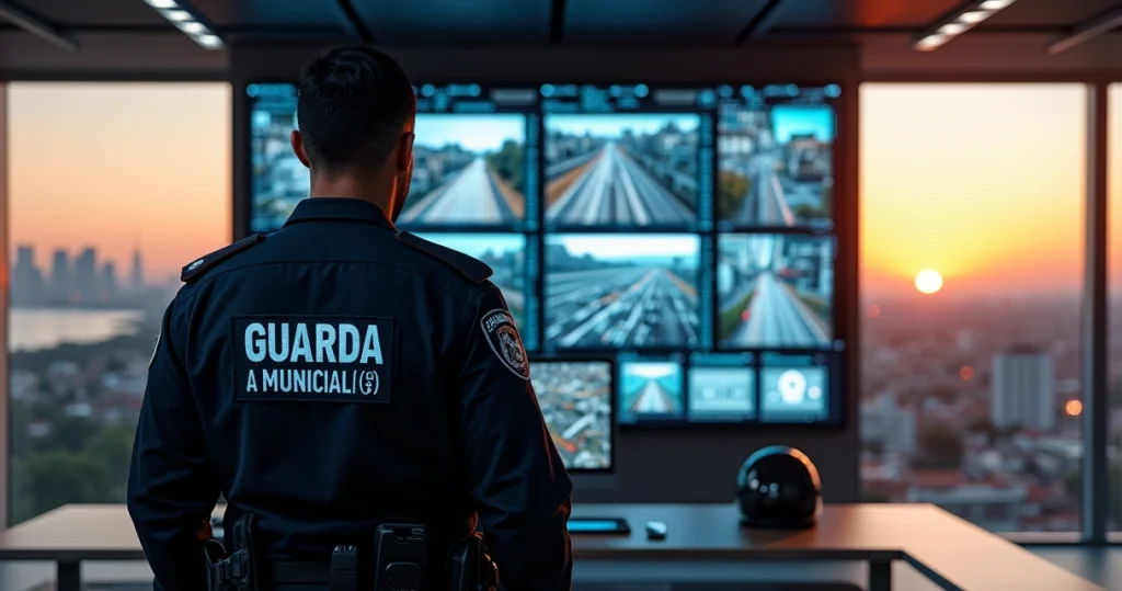 Guarda municipal observa telões de monitoramento em posto avançado de Balneário Camboriú