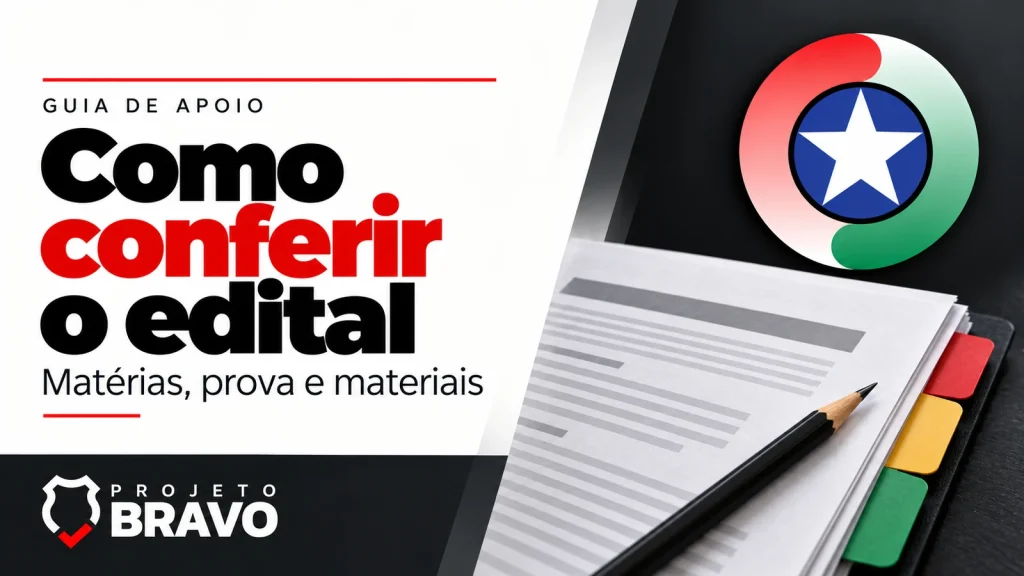 Capa como conferir o edital, com documento com três divisórias e lápis de conferência, símbolo da PMSC e marca Projeto Bravo.
