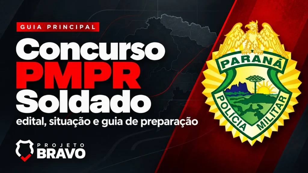 Guia do concurso PMPR Soldado, com brasão e composição em preto, branco e vermelho.