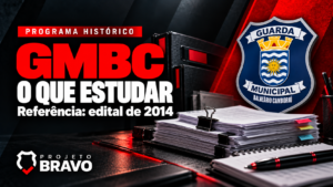 Capa editorial ilustrativa: GMBC, o que estudar, referência ao edital de 2014, com brasão de Balneário Camboriú e documentos cenográficos.