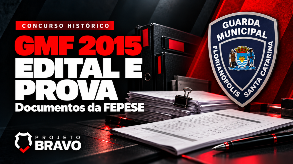 Capa editorial ilustrativa: concurso histórico GMF 2015, edital e prova, com brasão de Florianópolis e papéis cenográficos, sem reprodução de prova oficial.