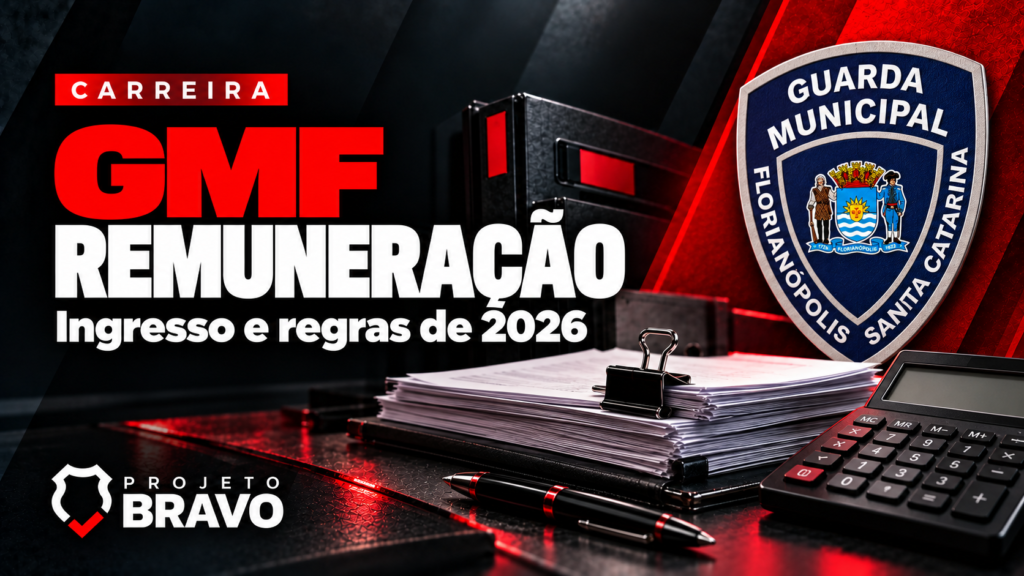 Capa editorial ilustrativa: GMF, remuneração, ingresso e regras de 2026, com brasão de Florianópolis, documentos e calculadora sem valor exibido.