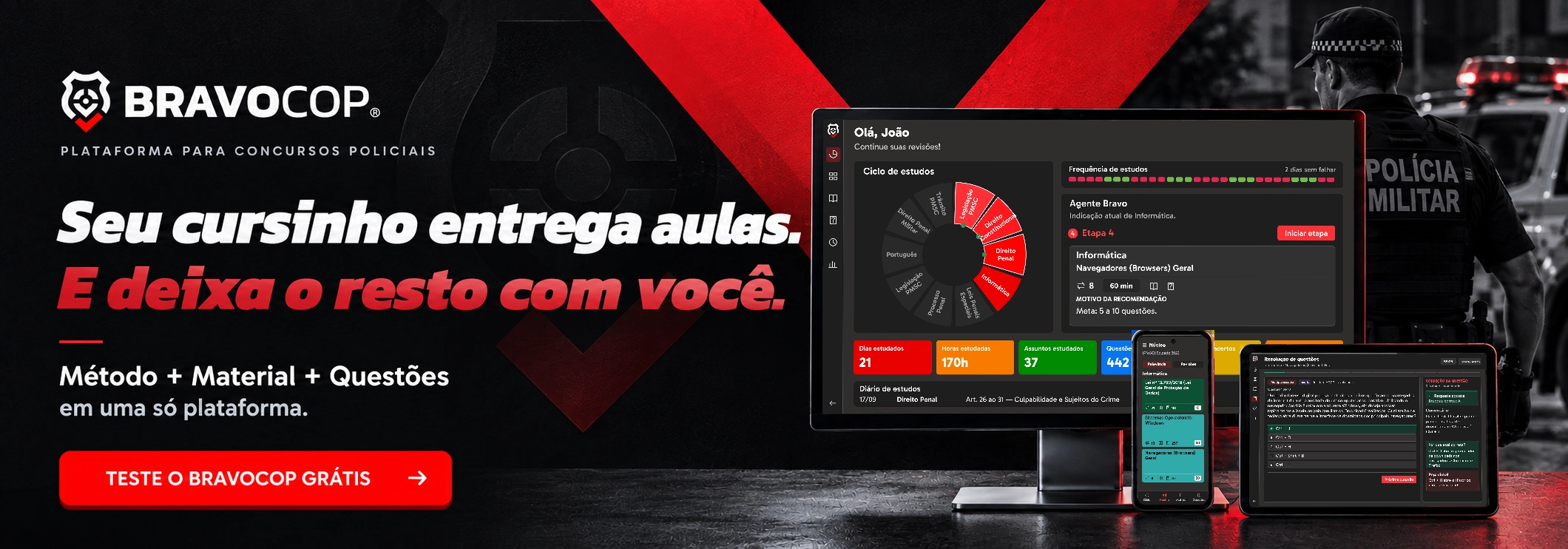 Teste o BravoCop grátis — método, material e questões para concursos policiais