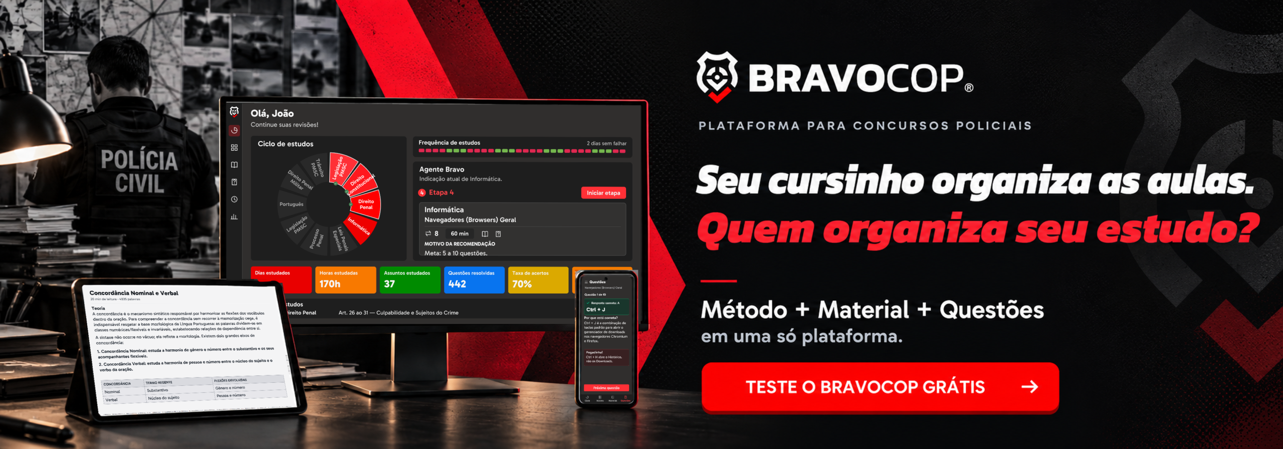 Teste o BravoCop grátis — método, material e questões para concursos policiais. Acesse a bio geral do Projeto Bravo para escolher sua preparação
